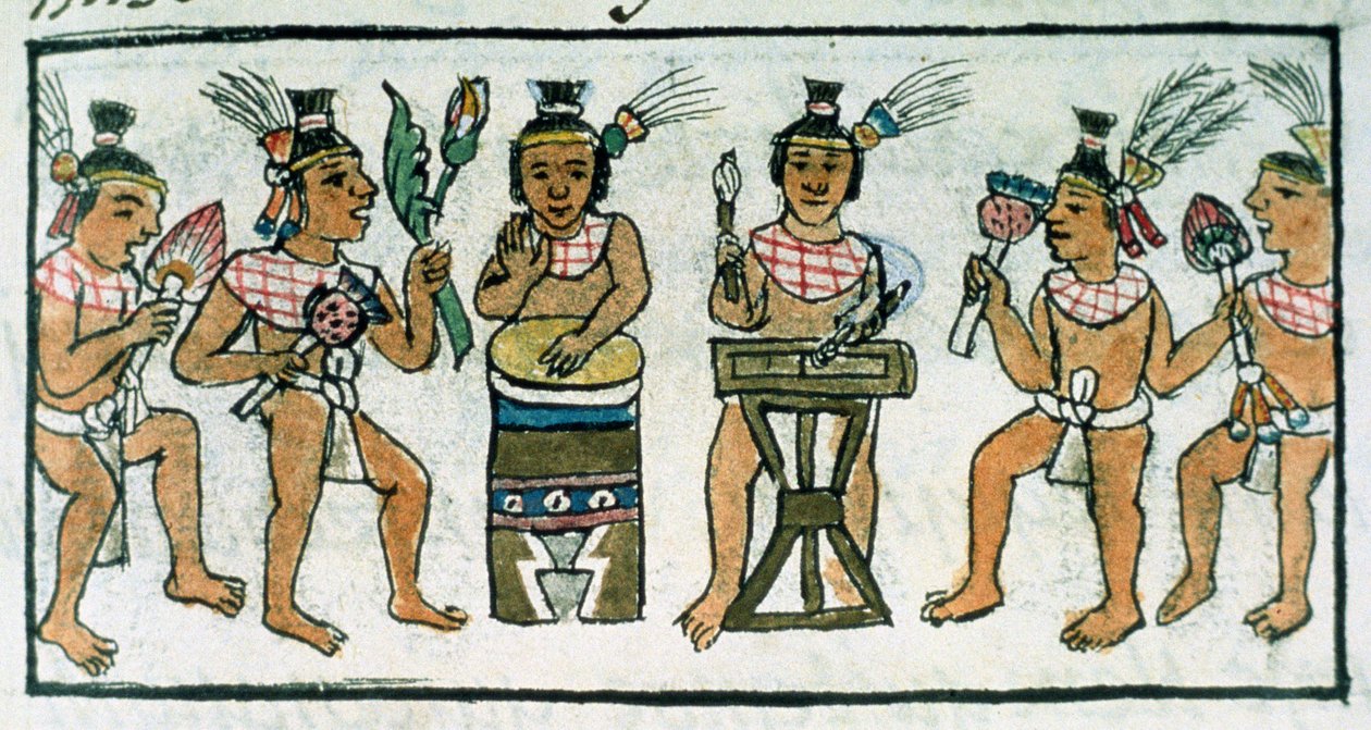 Fru Palat. 218-220 Bok IX Aztekiska musiker från en redogörelse för aztekiskt hantverk i centrala Mexiko, från 