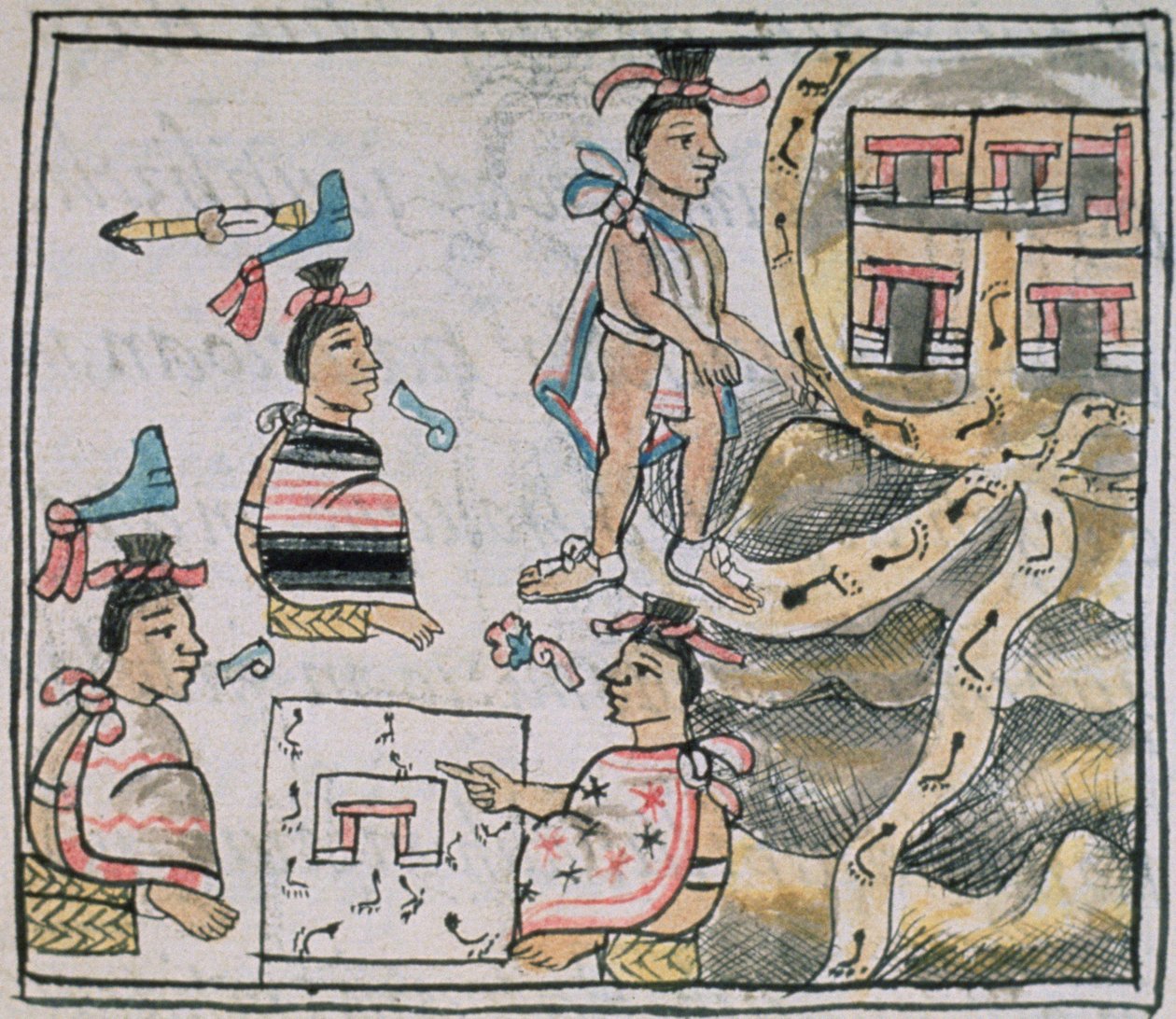 Fru Palat. 218-220 Bok IX Aztekerna konsulterar och följer en karta, från 
