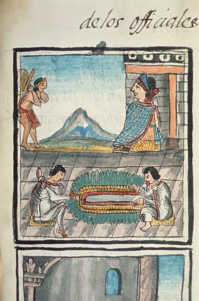 Fru Palat. 218-220 Bok IX Hantverkare från aztekernas palats härskar att göra fjäderadresser, från en redogörelse för aztekiskt hantverk i centrala Mexiko skriven och illustrerad av Bernardino de Sahagun, spanska av Spanish School