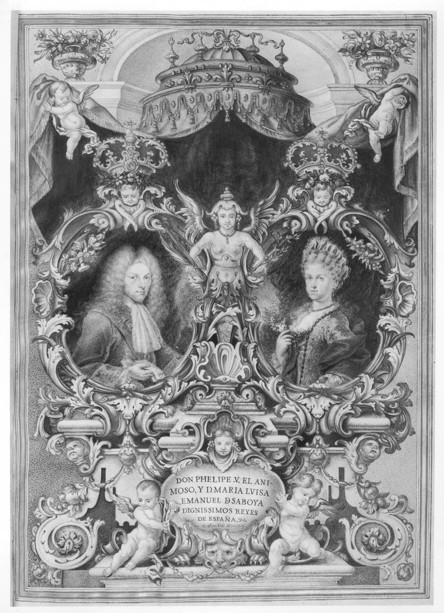 Filip V (1683-1746), kung av Spanien, och Maria Luisa (1688-1714) av Savoyen, 1713 av Spanish School