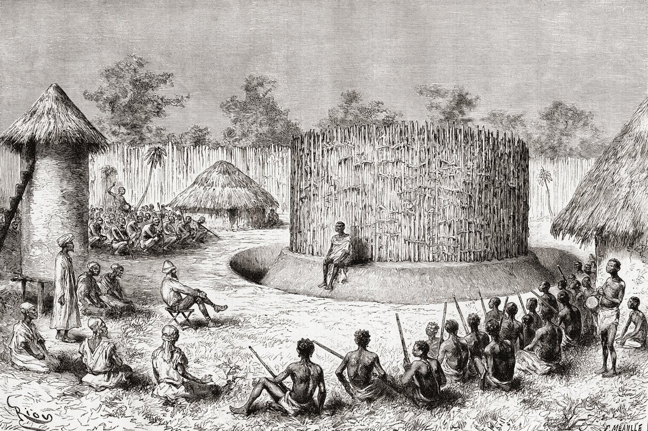 Mottagning för upptäcktsresande Pietro Paolo Savorgnan di Brazza i byn Chief Mkewe, Tanzania, från 