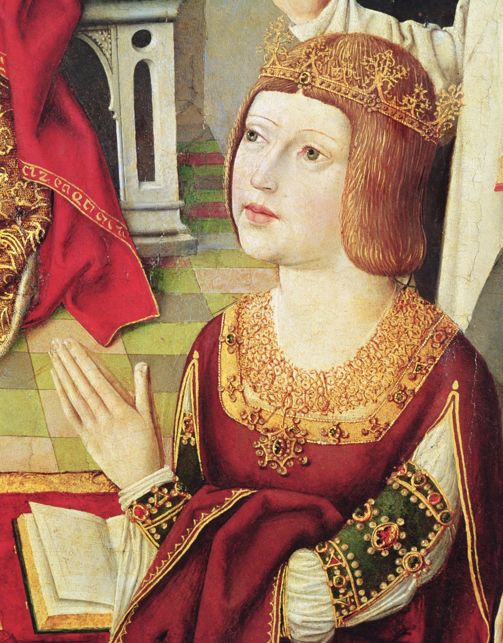 Jungfrun av de katolska kungarna, detalj av Isabella de Castille (1451-1504) c.1490 (se 60603 och 3947) av Spanish School