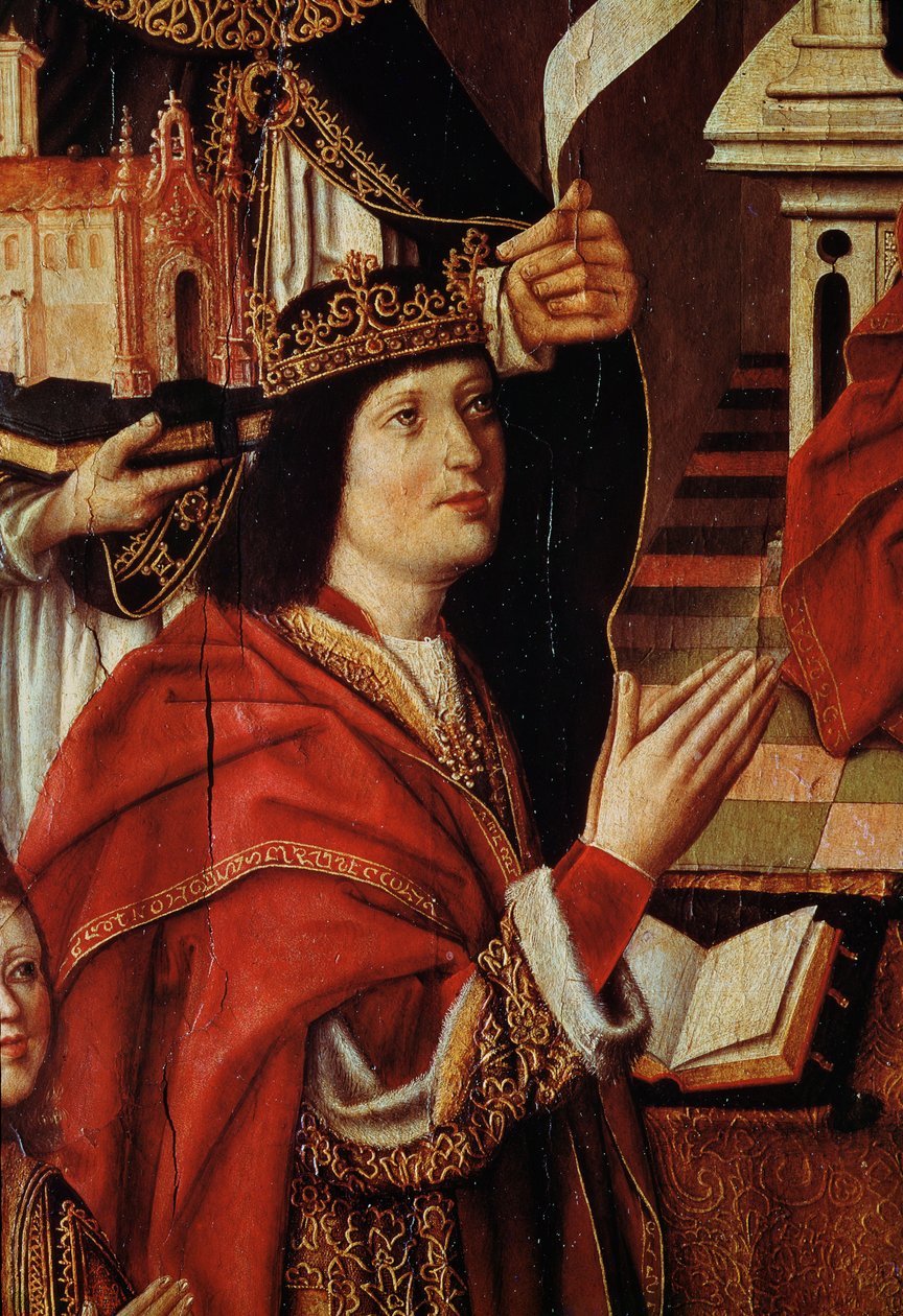 Jungfrun av de katolska kungarna, detalj som visar kung Ferdinand av Spanien (1452-1516) ca 1490 (se även 60603) av Spanish School