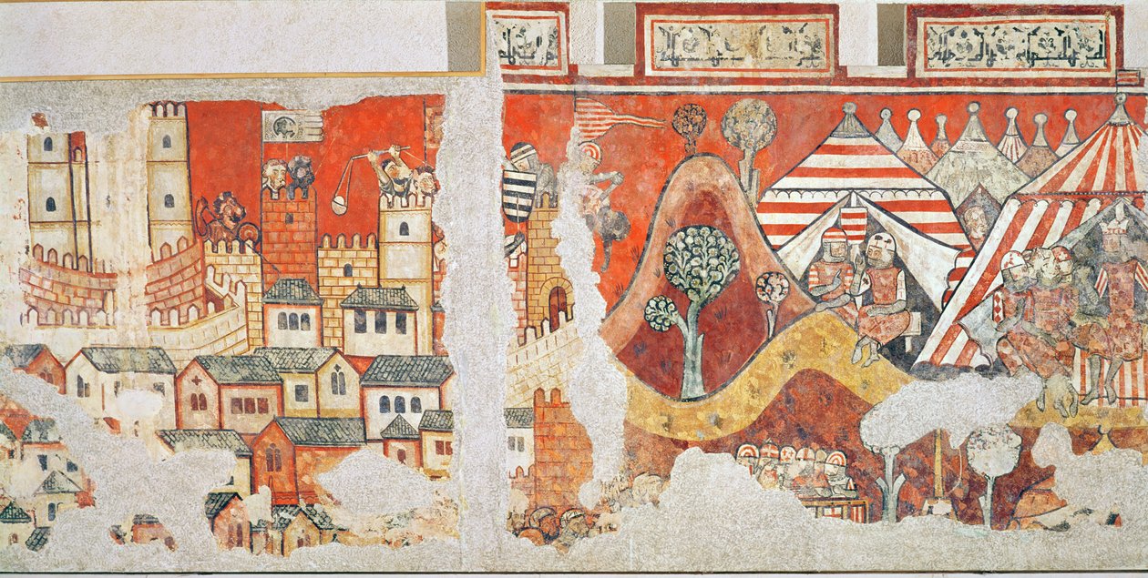 Den kongelige lejr af James I, konge af Aragon under belejringen af Mallorca i 1229, detaljer fra vægmalerierne i Palacio Aguilar, 1280 swed av Spanish School