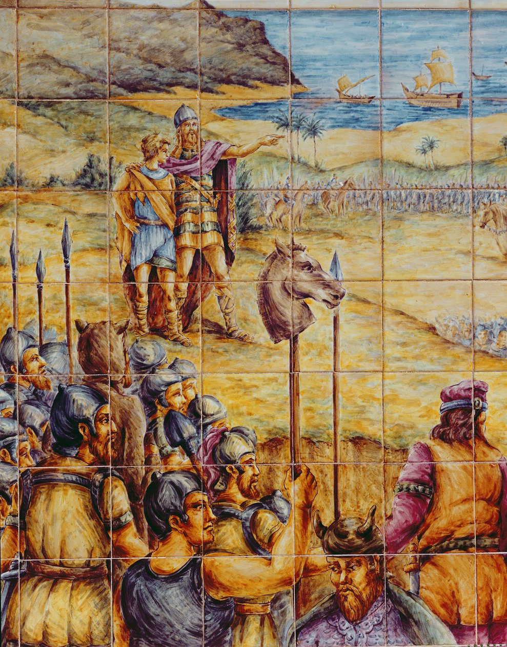 Kakel som visar landstigningen av Hamilcar och hans son Hannibal vid Akra Leuce under det första puniska kriget av Spanish School