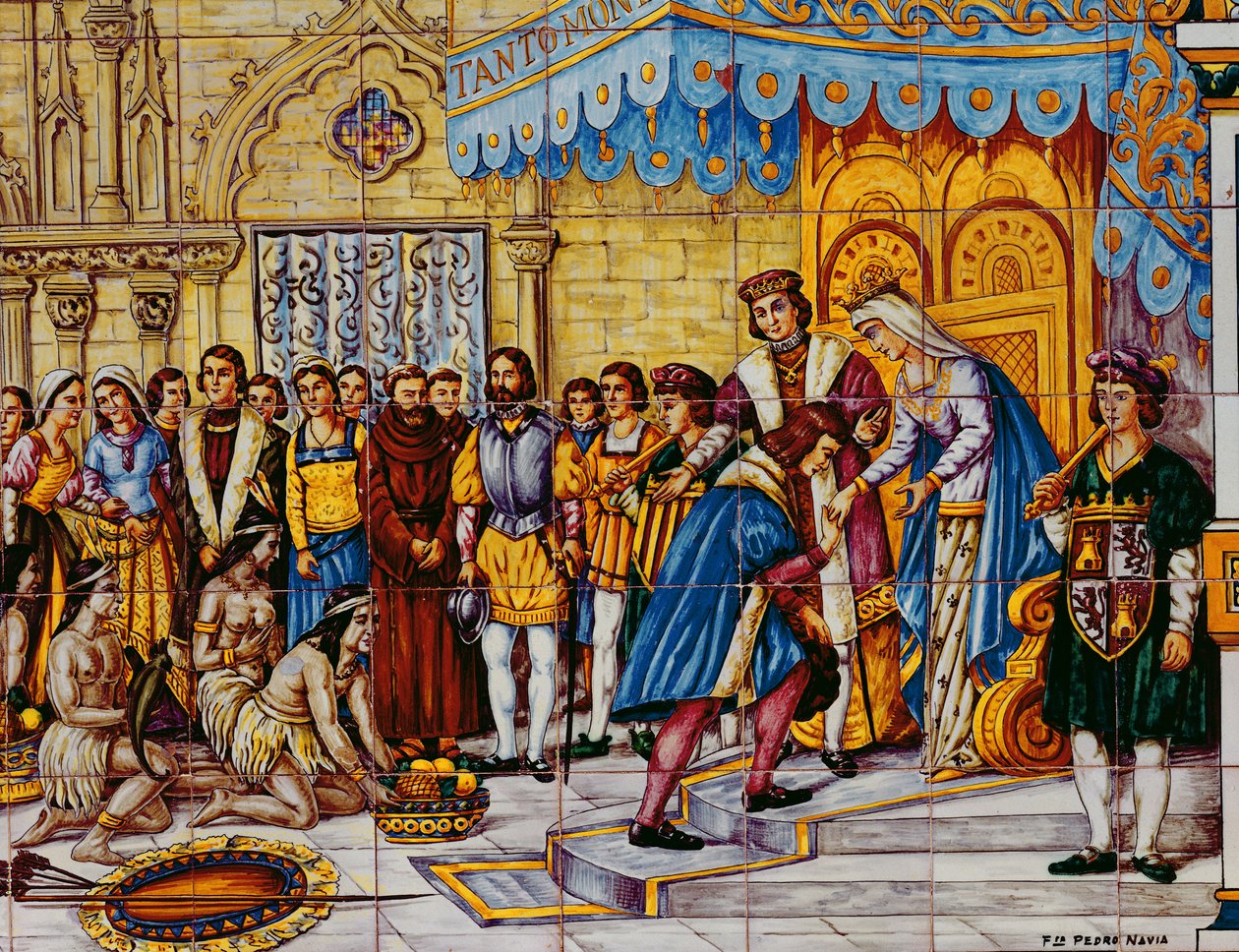 Kakel som visar mottagandet av Christopher Columbus av de katolska kungarna, Ferdinand av Aragonien och Isabella av Castilla i Barcelona när han återvände från Amerika 1492 av Spanish School