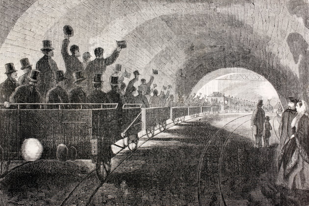 Provkörning av tåg i Londons tunnelbana 1862, från "The Universal Museum", publicerad 1862 av Spanish School