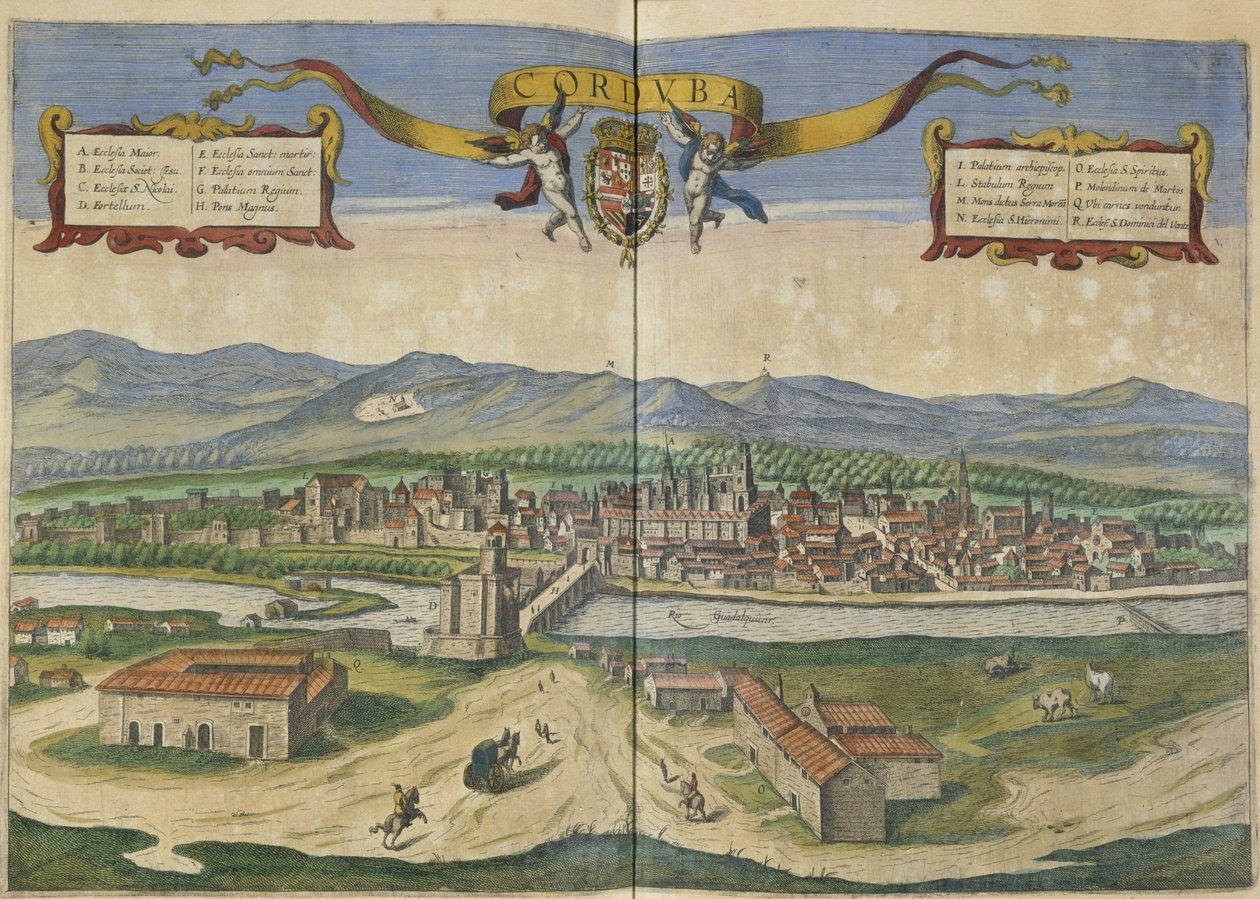 Utsikt över Cordoba (handfärgad gravyr) av Spanish School
