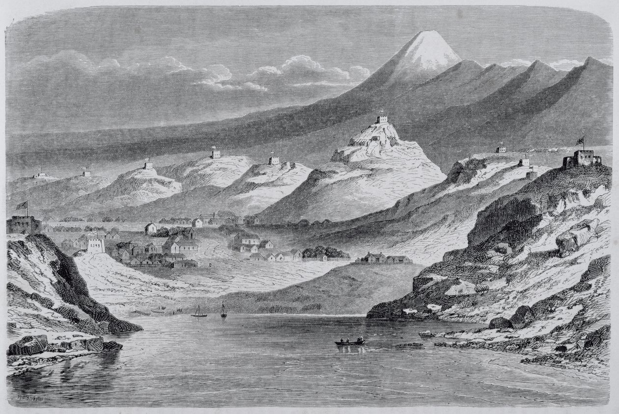 Utsikt över New Plymouth och Mount Egmont, illustration från The Return to the World, 1865 av Spanish School