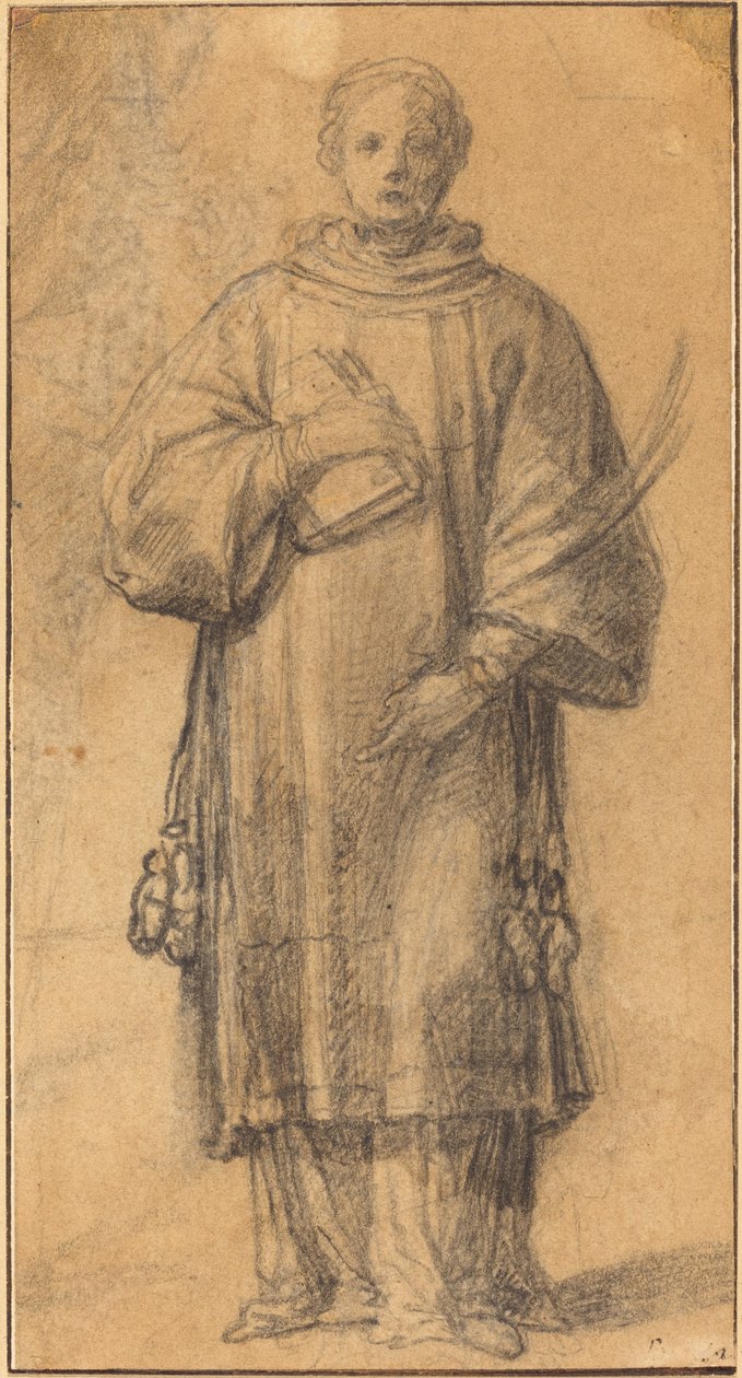 Ett stående helgon som håller en bok och ett palmblad av Spanish 17th Century