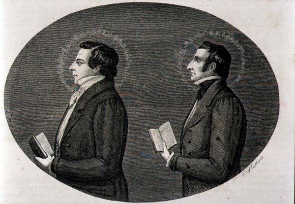 (LtoR) Joseph Smith (1805-44) grundare av mormonkyrkan och hans bror Hyrum, från "La Vuelta al Mundo", publicerad i Mardrid av Spanish School
