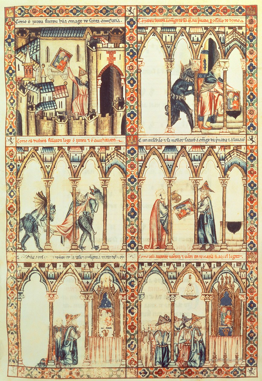 102-0002738 T.I.I. Cantiga 34, illustration från "Cantigas de Santa Maria", gjord under ledning av Alfonso X ("The Wise") kung av Castilla och Leon (1221-84) (vellum) (se även 68647) av Spanish School