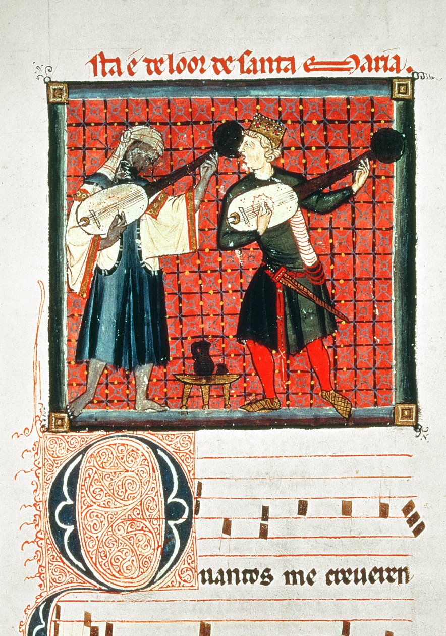 124-0633321/1 En mor och en kristen spelar lut, miniatyr i en musikbok från "Cantigas" av Alfonso X "den vise" (1221-84) (vellum) av Spanish School