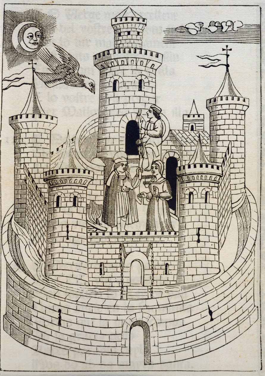 Ett slott, gravyr för att ackompanjera mallorcanska sånger skrivna av Fray Anselm Turmeda av Spanish School
