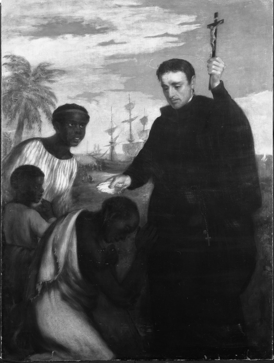 En jesuitmissionär, kanske Manuel de Nobrega eller Peter Claver, Baptizing Blacks (olja på duk) av Spanish School