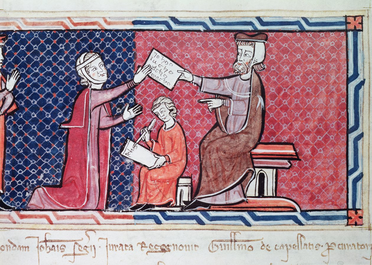 En kvinna som avlägger en ed inför kung James I (1207-76) av Mallorca, detalj av magistraten, kvinnan och skrivaren, från Capbreu de Clayra et de Millas, 1292 (detalj av 181839) av Spanish School