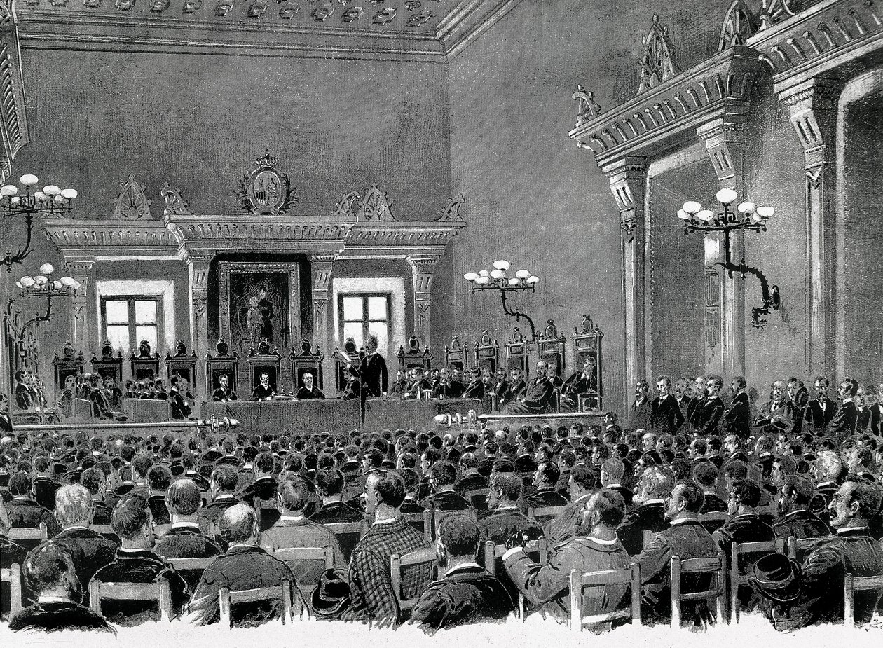 En samling katalanska nationalister samlades i Manresas stadshus, för utarbetandet av de 16 baserna för att tjäna den katalanska regionala konstitutionen 1892. Teckning av Jaume Pahissa. av Spanish School