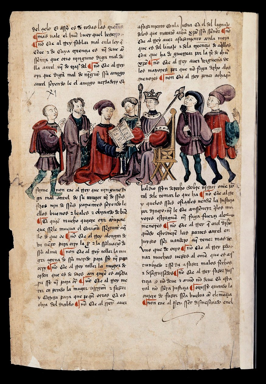 En man presenterar en bok för kungen, miniatyr i "Book of Punishments or Documents for Good Living" av Spanish School