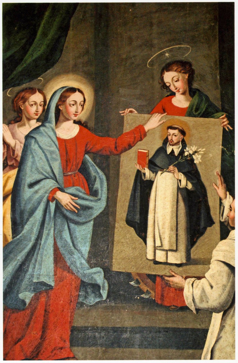 Ett helgon som presenterar ett porträtt av Saint Dominic för Jungfru Maria (se även 308139) av Spanish School