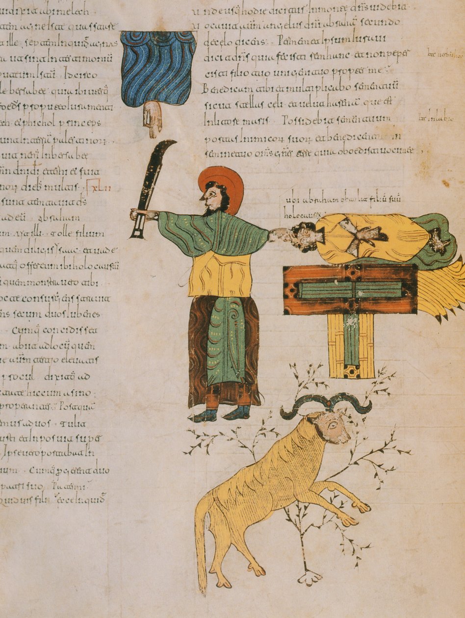 Abraham på väg att offra sin son, Isaac, från den visigotisk-mozarabiska bibeln från St. Isidores, e.Kr. 960 (tempera på veläng) av Spanish School