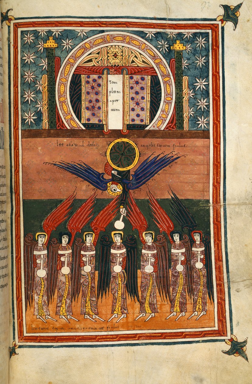 Lägg till. 11695, f.172 De sju pestänglarna som bär flaskor kommer ut från helgedomen. Från Silos Apocalypse av Spanish School