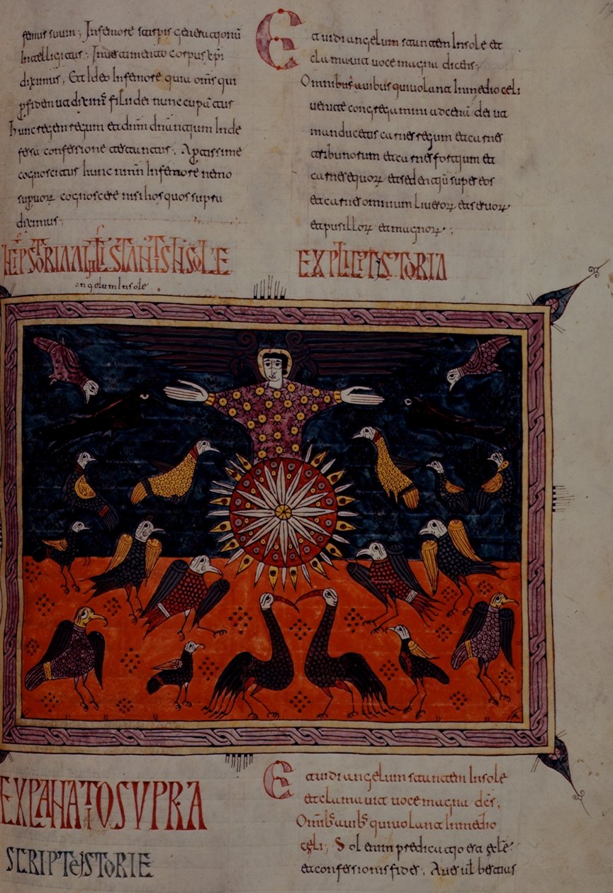 Lägg till 11695 fol.197 En ängel som står i solen, från Beatus Apocalypse från Santo Domingo de Silos av Spanish School