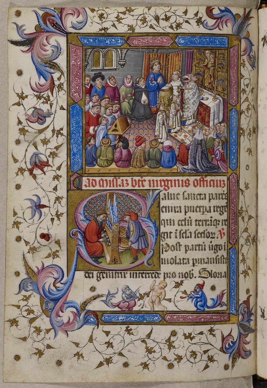 Lägg till. 28962, f.281v, Alfonso V deltar i mässan, från Psalter and Hours of Alfonso V of Aragon. c.1442 (vellum) av Spanish School