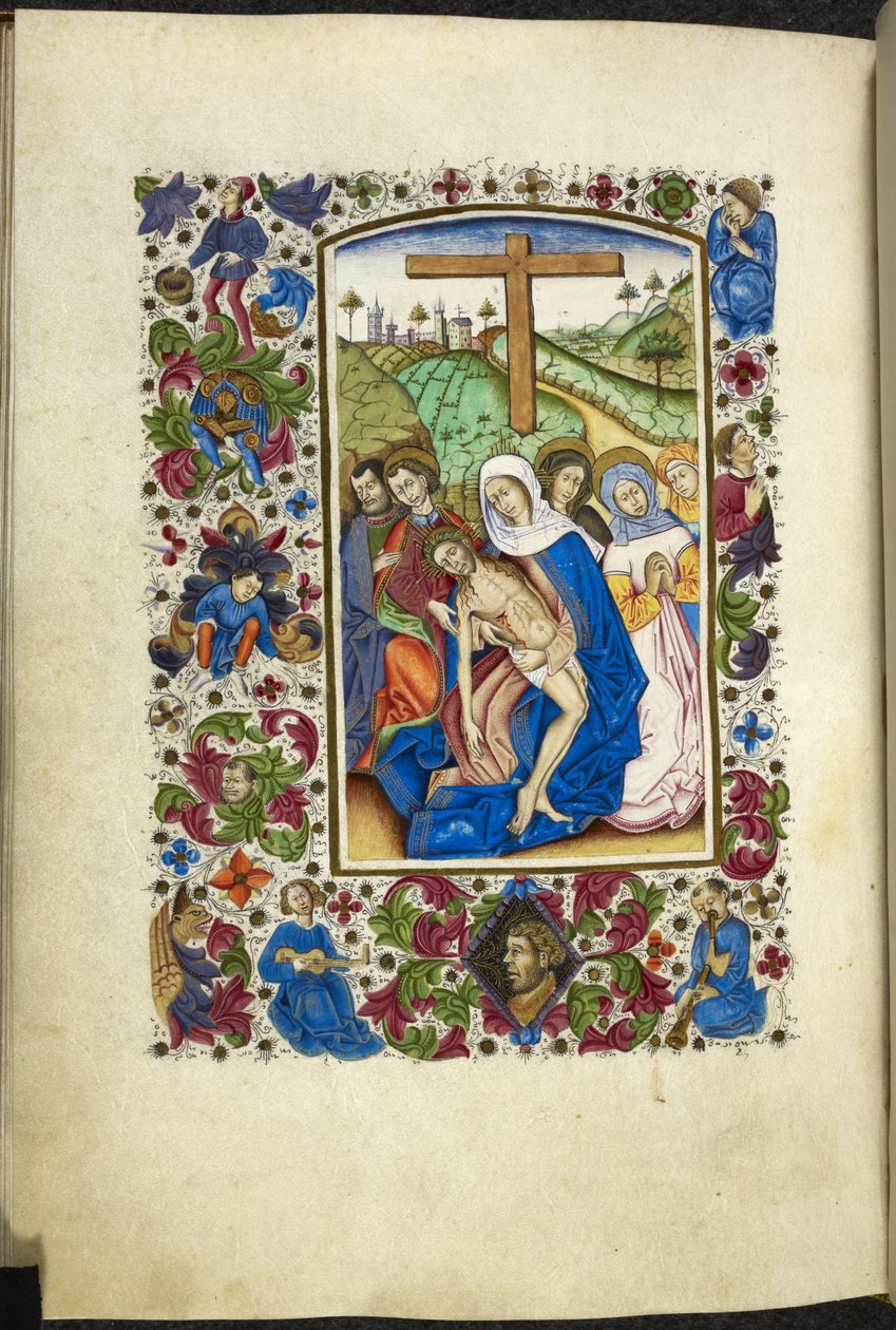 Lägg till MS 50004 f.70v Jungfru Maria som håller Kristi kropp, med två lärjungar och kvinnor bredvid sig, från en "Timesbok" (bläck, färg & guld på veläng) av Spanish School