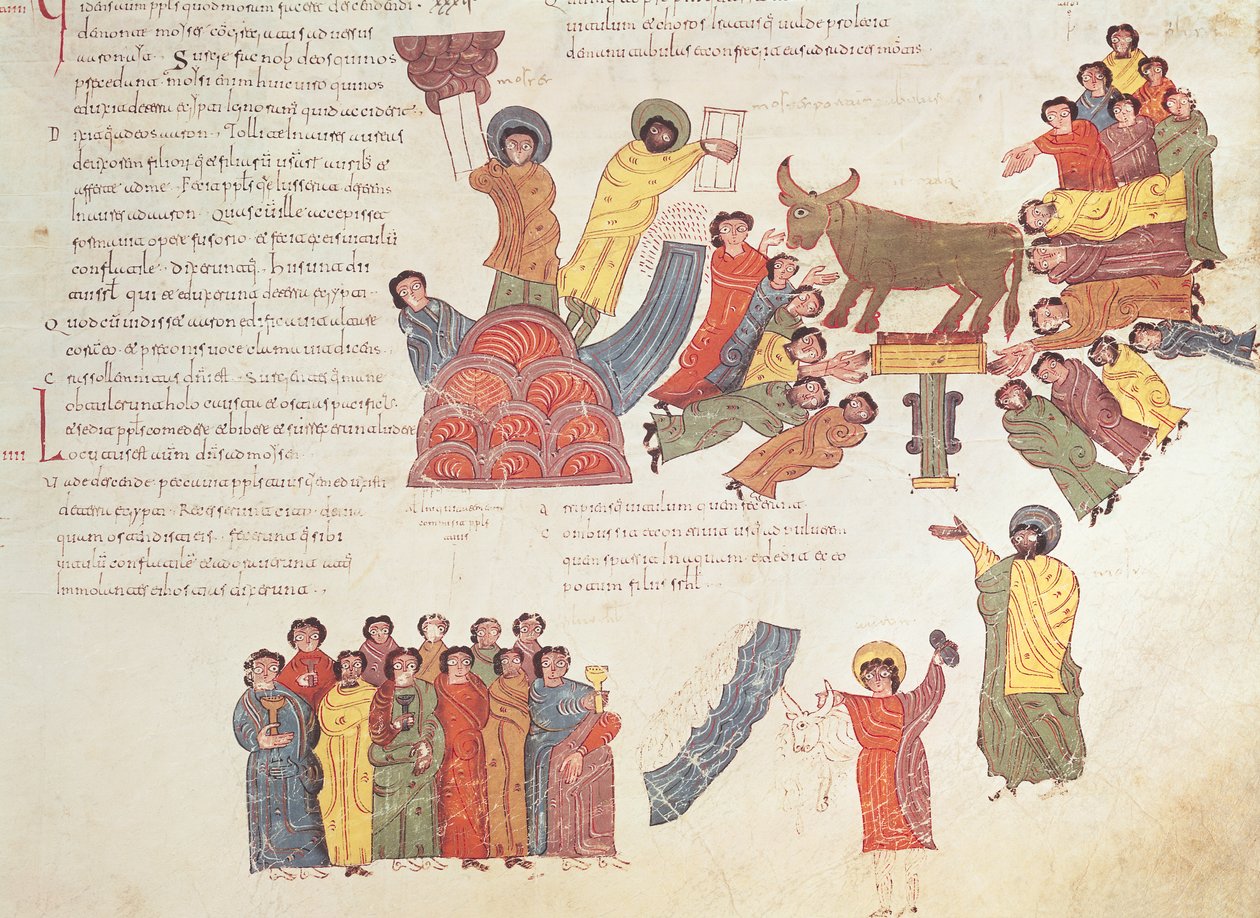 Tillbedjan av den gyllene kalven, från den visigotisk-mozarabiska bibeln från St. Isidores, fol.46r., A.D. 960 (tempera på vellum) av Spanish School