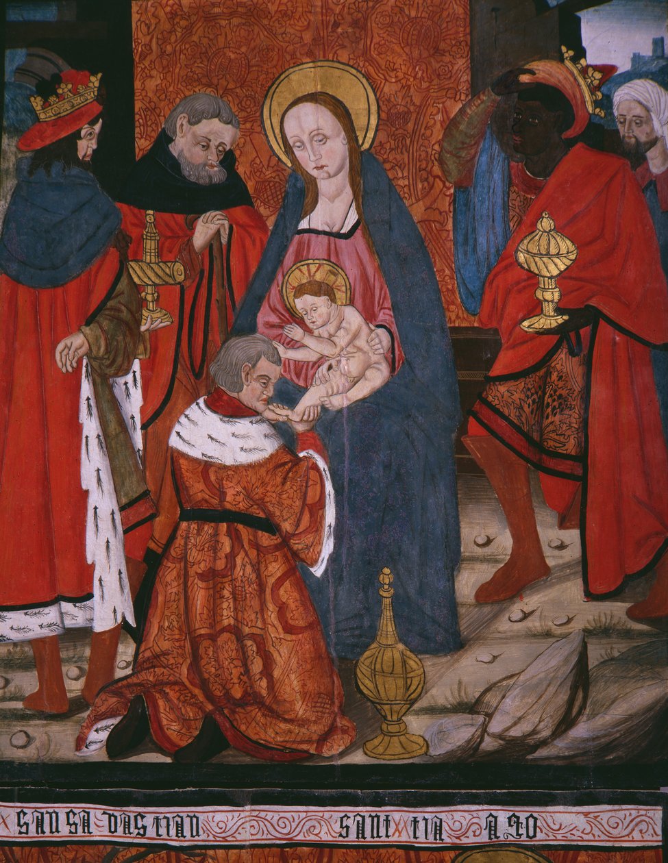 Adoration of the Magi, panel från kyrkan San Andres of Tortura, sent 1400-tal - början av 1500-talet (målat trä) av Spanish School