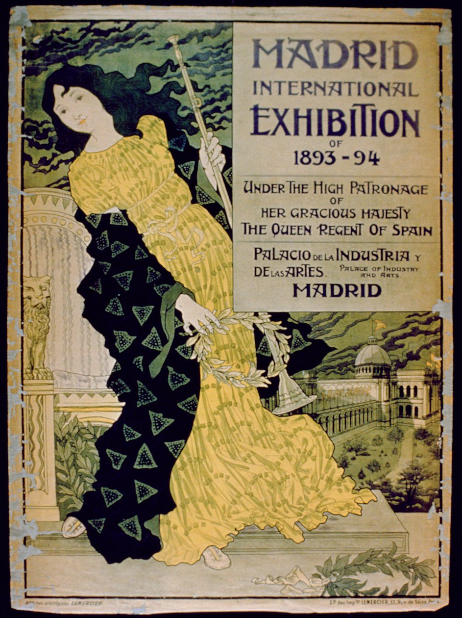 Annons för Madrids internationella utställning 1893-94 på Palace of Industry and Arts, Madrid, 1893 av Spanish School