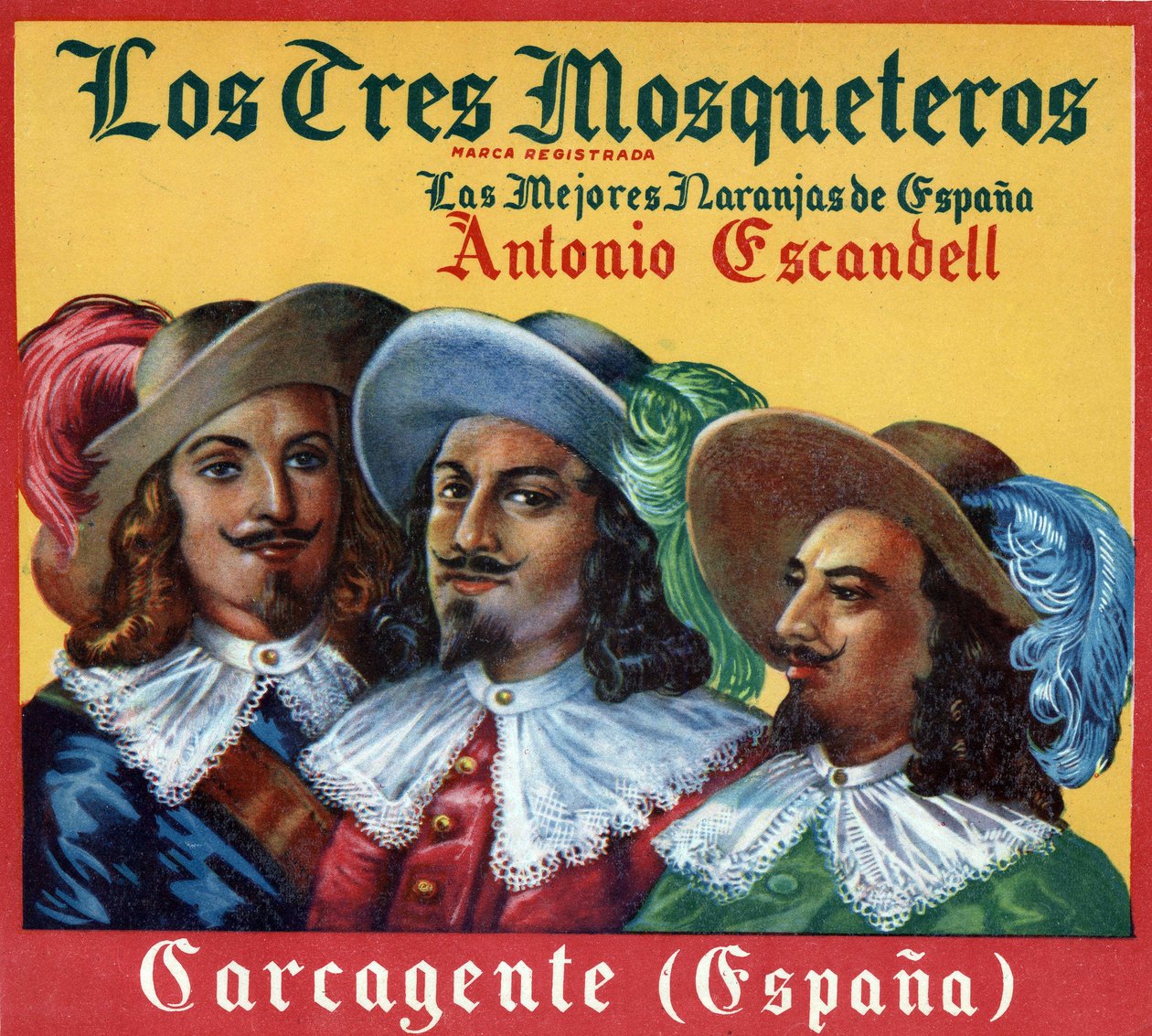 Reklambild, "De tre musketörerna, de bästa apelsinerna i Spanien"". Reklamaffisch av Spanish School