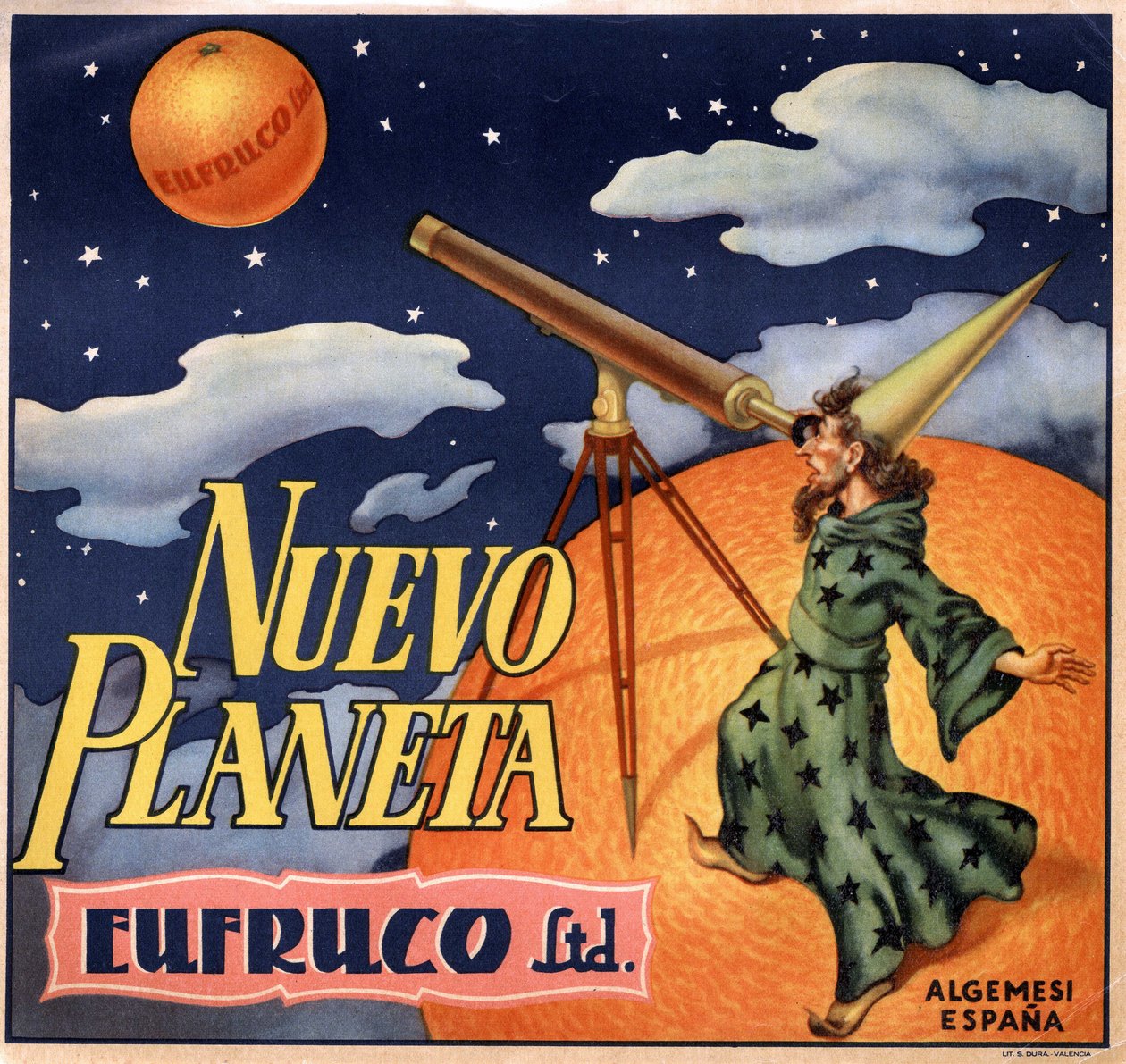 Reklam med en magiker som observerar "" den nya planeten Orange""". Reklamaffisch, Valencia av Spanish School