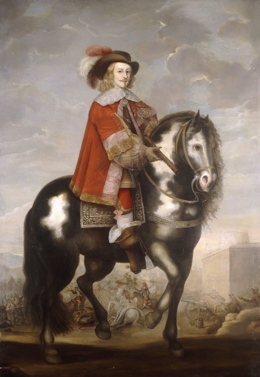 Ett ryttarporträtt av kardinal Infante Fernando de Borbon, guvernör i de spanska Nederländerna, i full längd i en röd rock och plymerad hatt, ett slag bortom, ca 1685 av Spanish School