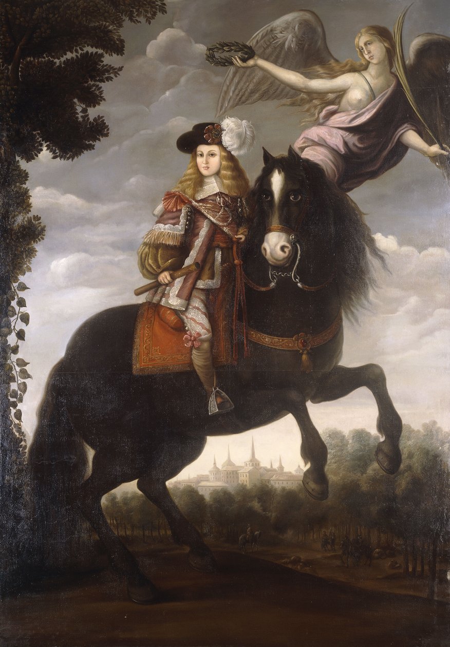 Ett ryttarporträtt av kung Charles II, full längd, i en röd kappa med vita detaljer som kröns med en lagerbär av en ängel, Madrid i fjärran, ca 1685 av Spanish School