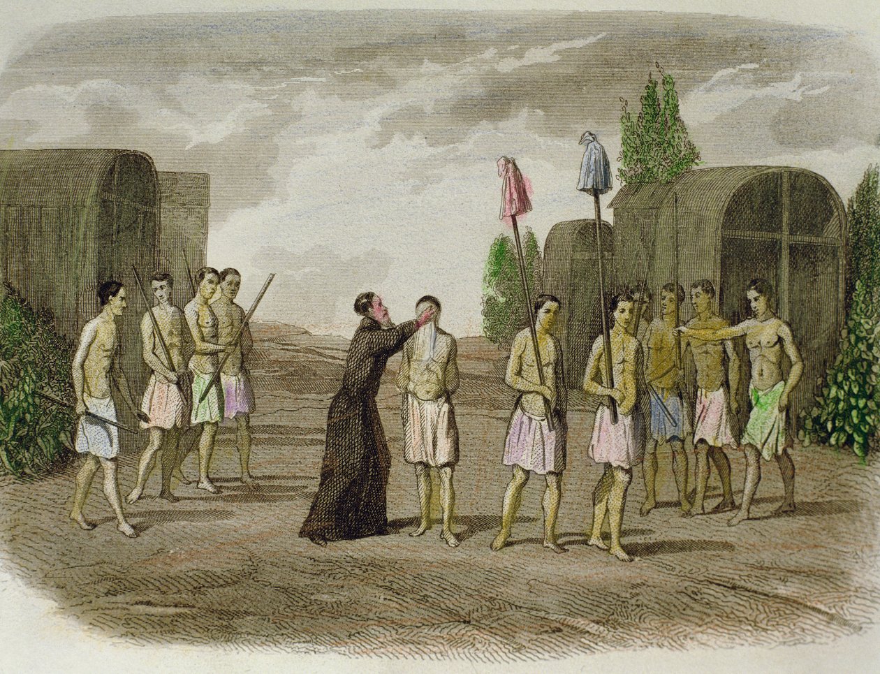 En inhemsk slav av Tupinamba-stammen döps av en jesuitpräst, nära Bahia 1550 av Spanish School