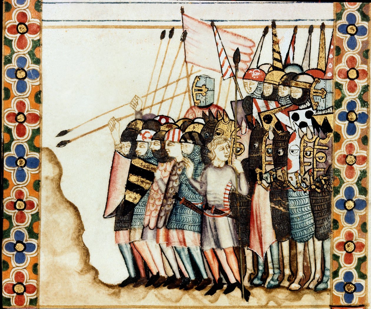 Armee des croises Detalj av en sida hämtad från ett manuskript av Sankta Marias sång (Cantigas de Santa Maria), dekorerande miniatyrer tillägnade Sankta Maria och hennes mirakel, en samling sånger som återupptas under regen av Alfonso X den vise (1221- 128 av Spanish School