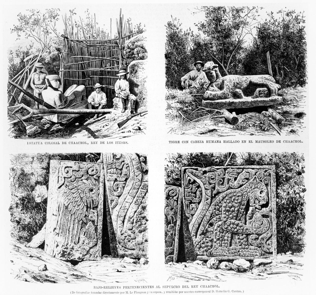 Artefakter upptäckta vid Chichen Itza av Augustus Le Plongeon, illustration från La Ilustracion Espanola y Americana 1877 av Spanish School