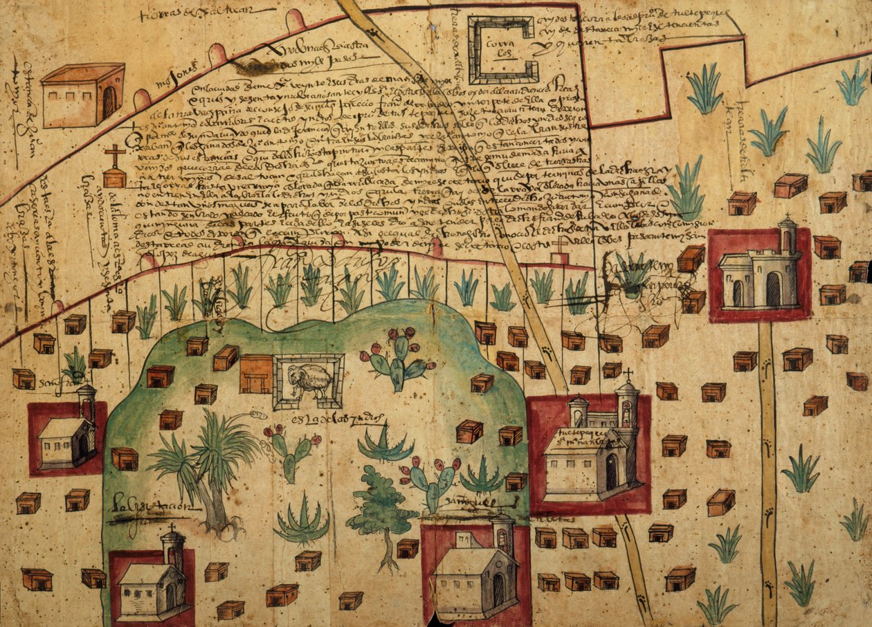 Ayer MS 1801 Karta 1: Karta över landområden i Tultepec- och Jaltocan-regionerna intill Hacienda de Santa Ines, Mexiko, publicerad 1569 av Spanish School