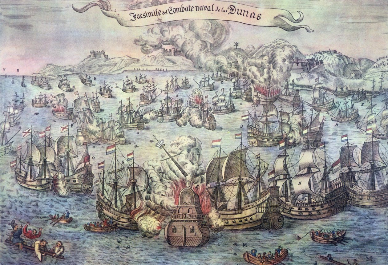 Battle of the Downs, 21 oktober 1639 (färgad gravyr) av Spanish School