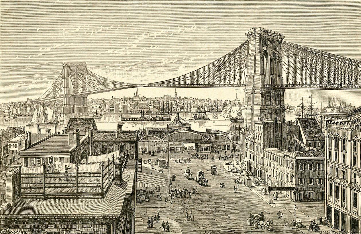 Brooklyn Bridge, New York, USA under 1800-talet. Från El Museo Popular publicerade Madrid av Spanish School