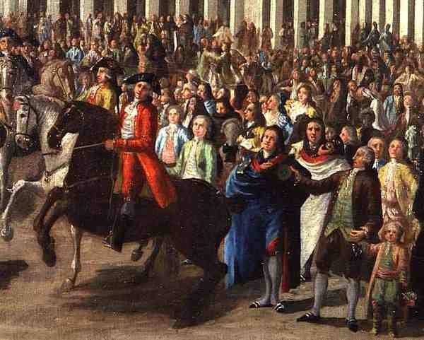 Karl III (1685-1740) På väg in i Madrid, från Plaza Mayor av Spanish School