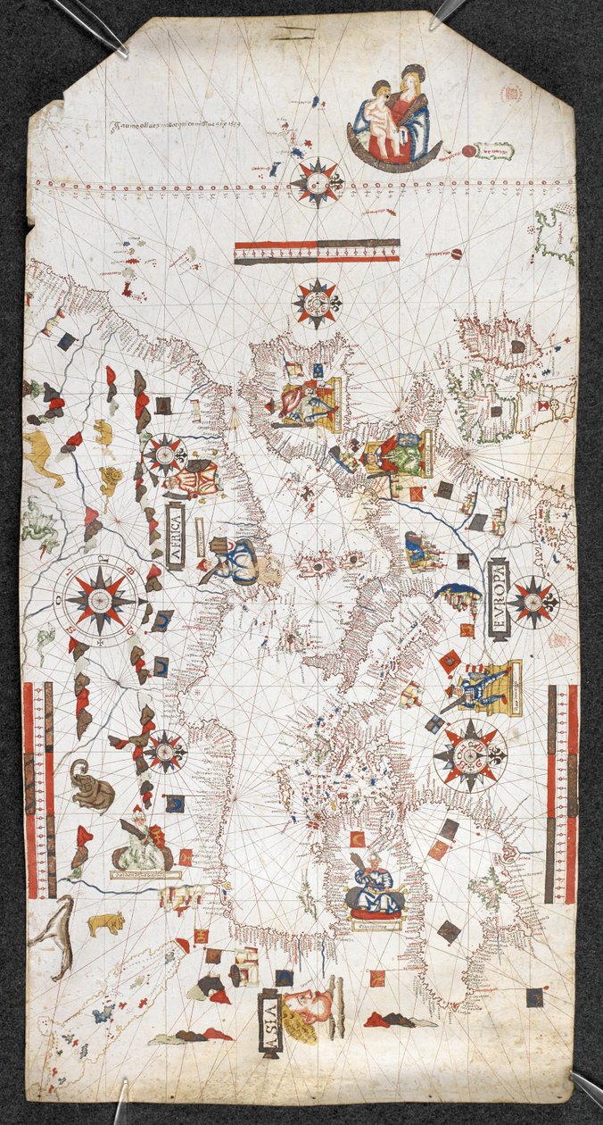 Karta över Medelhavet och Svarta havet, och en del av Atlanten, från de brittiska öarna i norr till Kanarieöarna i söder; med kustlinjerna; och med namnen på de viktigaste städerna på spanska, av Jaume Oliues, Mallorqui en Missi av Spanish School