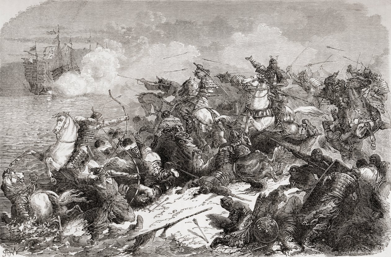 Kinesernas försök att invadera Japan på 1200-talet, publ. 1878 (tryck) av Spanish School