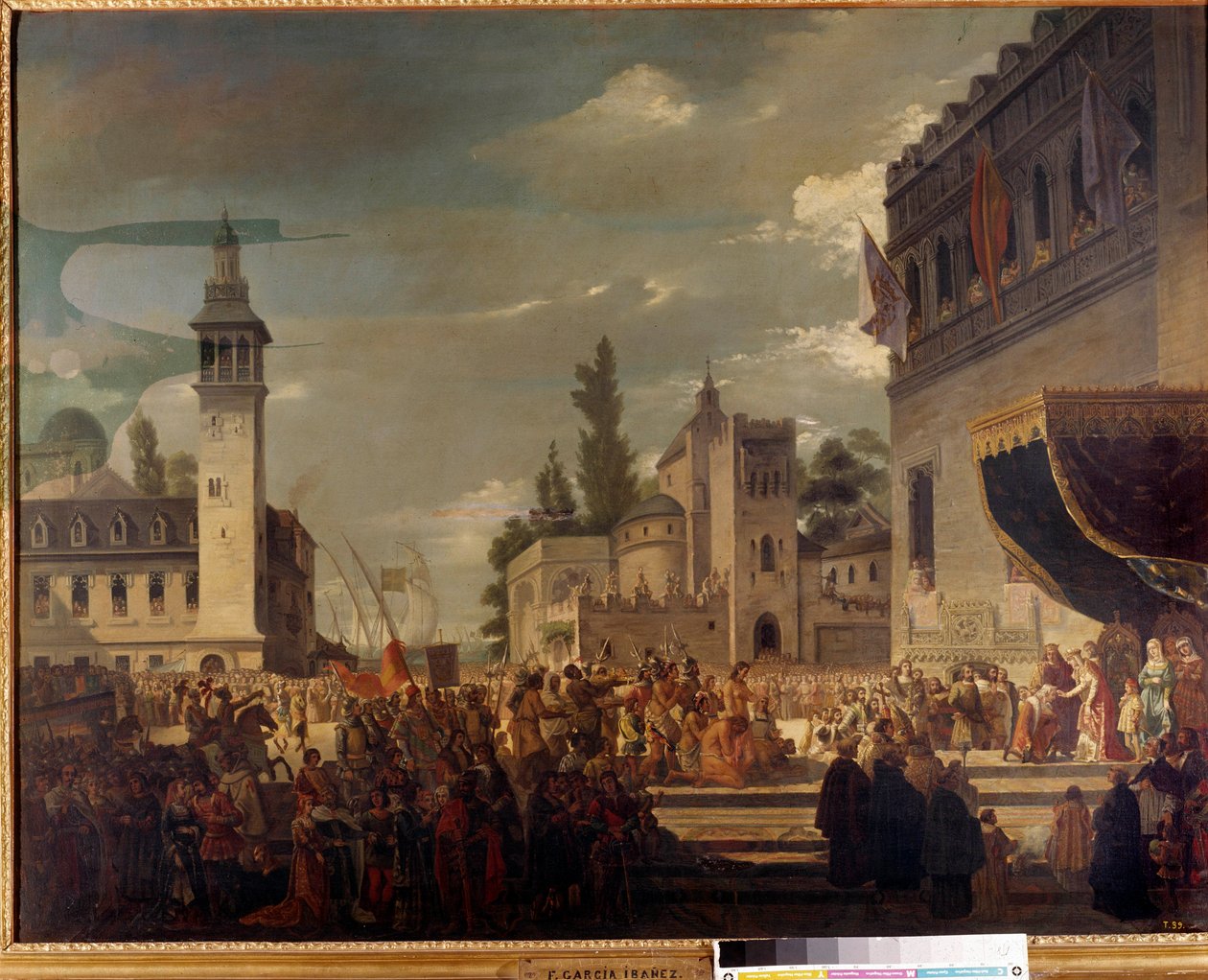Christopher Columbus presenterar ursprungsbefolkningen på Ferdinand II och Isabella 1:a Kastilien i Barcelona: presentationen av invånarna i Amerika för katolska kungar av upptäcktsresanden Christopher Columbus (1451-1506). Målning av Garcia Ibanez av Spanish School