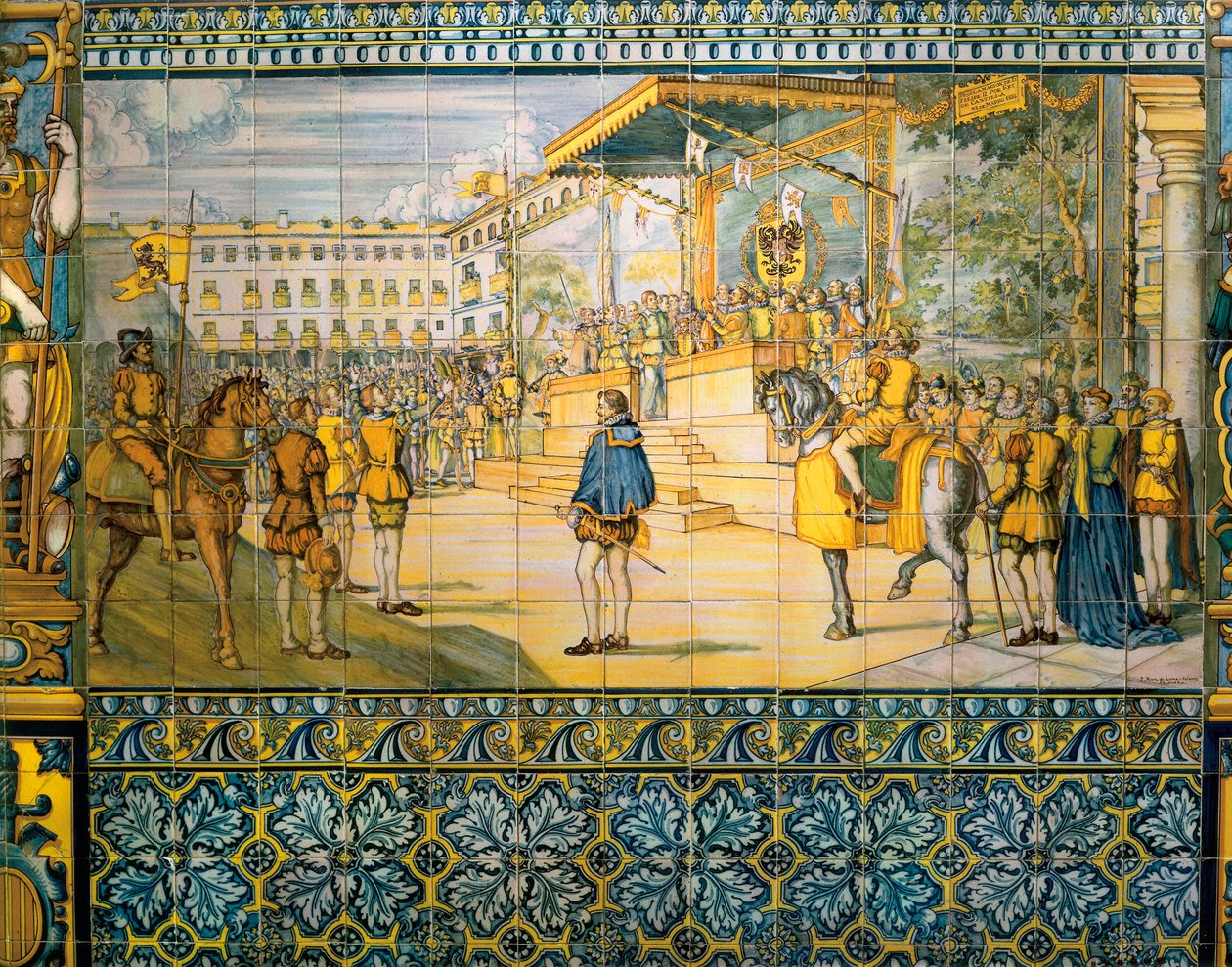 Firande i Valladolid för att hedra Filip II av Spanien i maj 1559. Kakelplattor från skolan i Talavera au palais de la famille Pimentel, Valladolid. av Spanish School