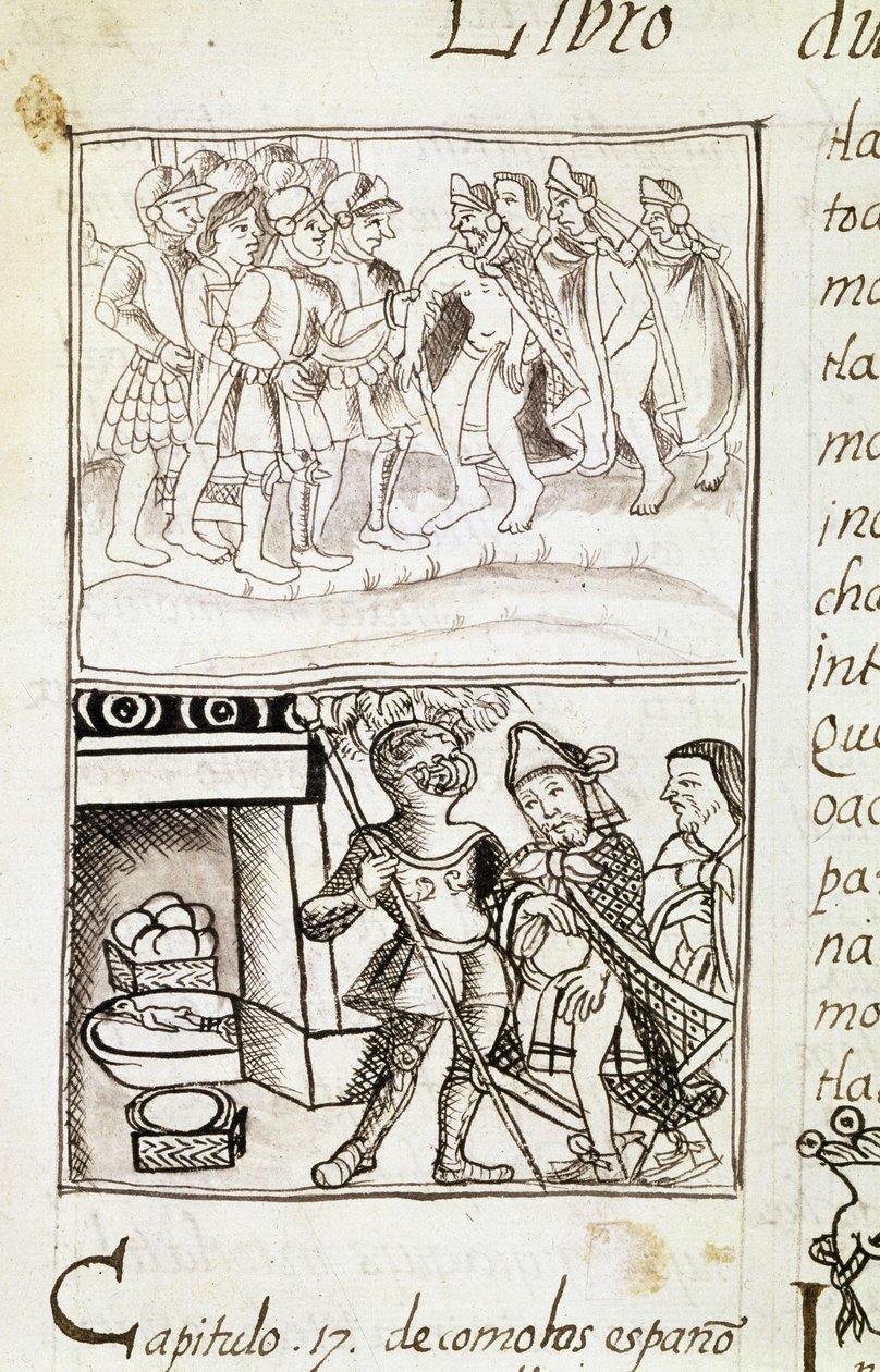 Kodex om erövringen av Mexiko - miniatyr från Florentinska manuskriptet "Storia degli Aztechi" (Aztekernas historia) av Bernardino de Sahagun av Spanish School