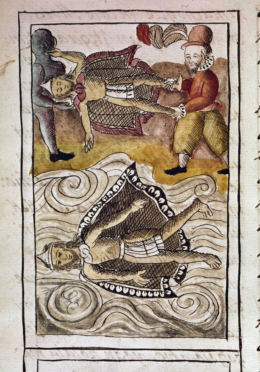 Codex om erövringen av Mexiko: Kropparna av Itzquauhtzin och Montezuma, eller Moctezuma II Aztekernas kejsare (1466-1520), kastas ut ur palatset av spanjorerna. av Spanish School