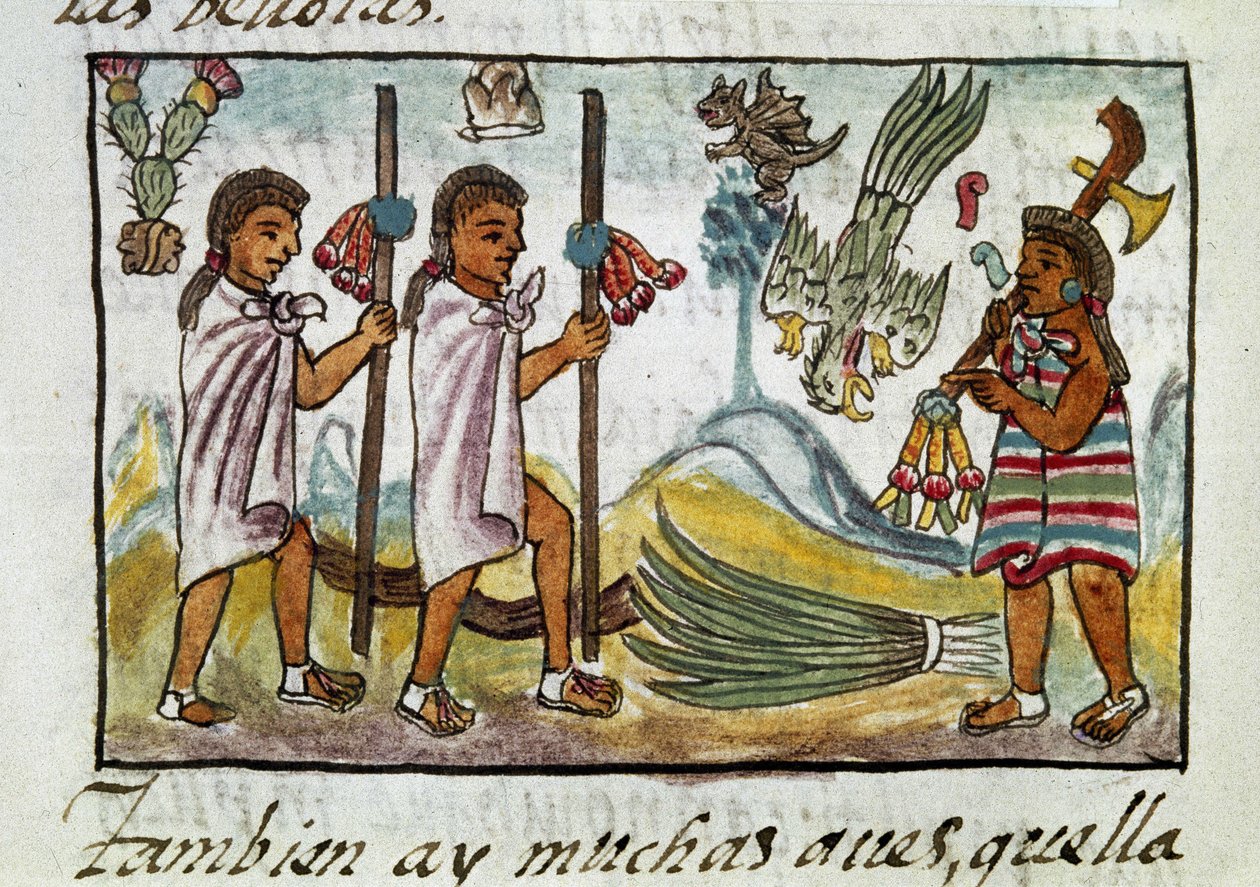 Codex om erövringen av Mexiko: förklädda köpmän i Tzinacantlan. Miniatyr av det florentinska manuskriptet "Storia degli Aztechi" (Aztekernas historia) av Bernardino de Sahagun av Spanish School