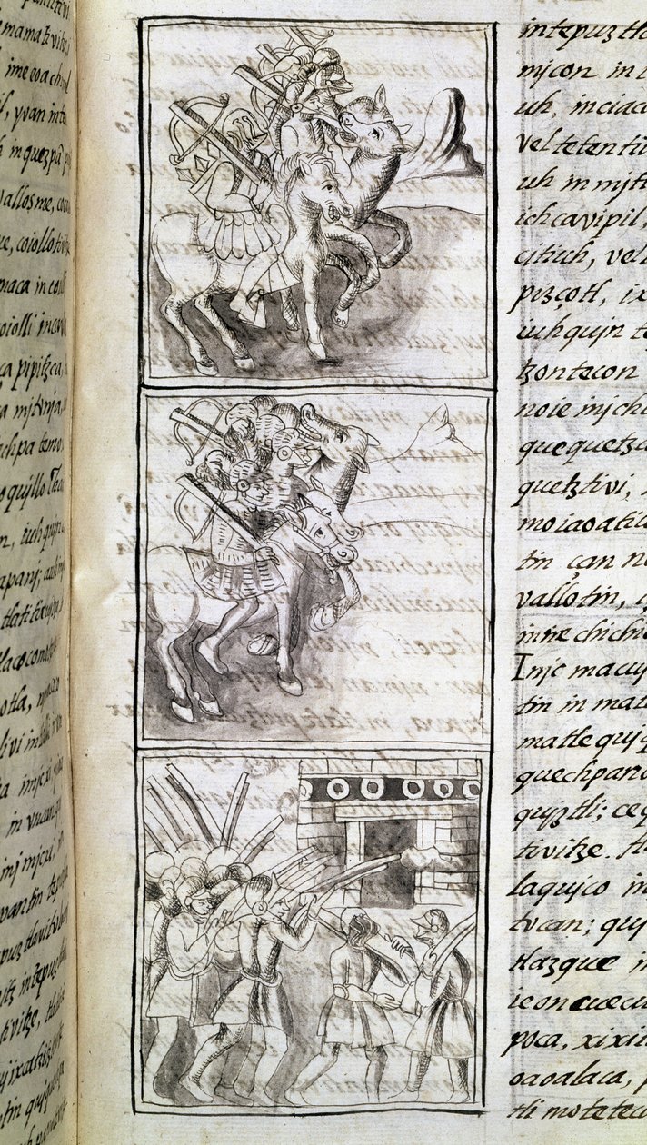 Codex om erövringen av Mexiko: spanjorerna redo att anfalla staden Tenochtitian. Miniatyr av det florentinska manuskriptet "Storia degli Aztechi" (Aztekernas historia) av Bernardino de Sahagun av Spanish School